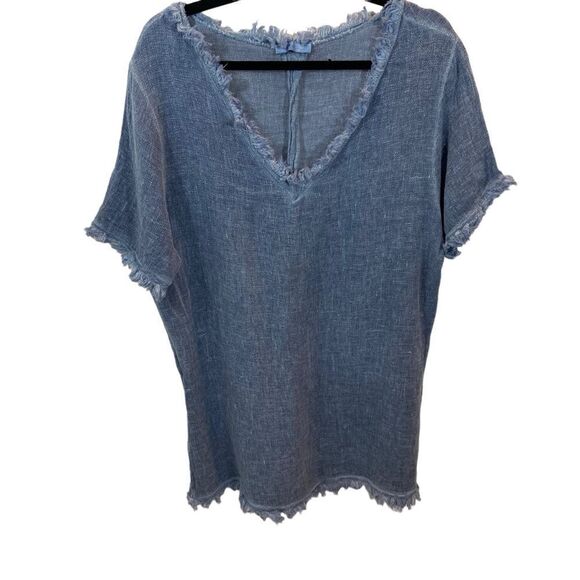 Ladies Venti6 Linen Blend Blue V Neck Raw Hem Blouse Size Medium - Picture 2 of 12